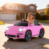 Pink 12V Electric Ride On Car licensed RUF CTR with remote control, LED headlights, and music for kids aged 3 and up.