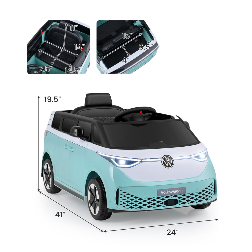 Kids electric car bus in blue with LED headlights, 12V battery, and remote control for fun outdoor driving.