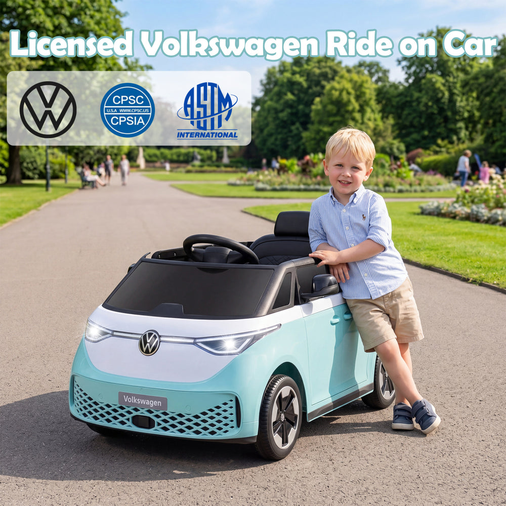 Licensed Volkswagen ride on car in blue for kids, featuring LED headlights, music, and dual control methods.