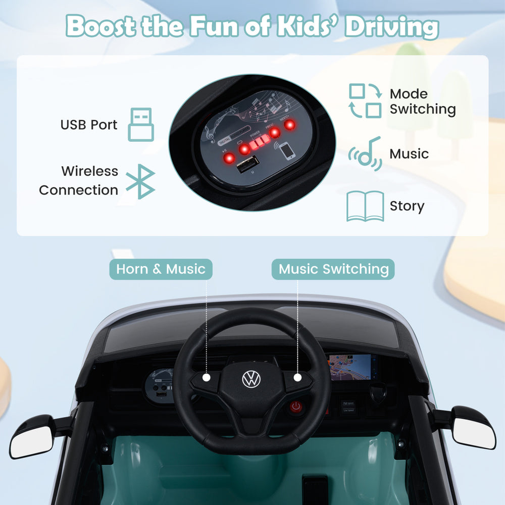 Steering wheel of the 12V Kids Electric Car Bus with music buttons, USB port, and LED headlights for fun driving.