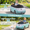 Kids electric car bus in blue with LED headlights, featuring manual and remote control for safe outdoor fun.