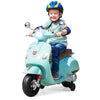 Child riding a green 12V kids electric VESPA motorcycle with training wheels, enjoying music and LED headlights for.
