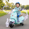 Kids electric VESPA motorcycle in green with music features, training wheels, and LED headlights for outdoor fun.