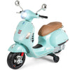 Kids electric VESPA motorcycle in green with training wheels, LED headlights, and music features for fun outdoor rides.