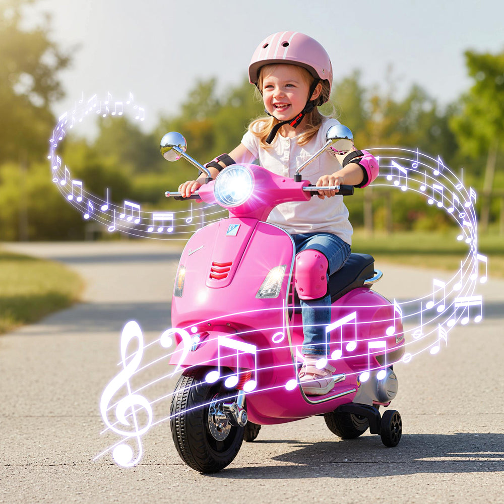 12V Kids Electric Motorcycle Licensed VESPA with Music and Training Wheels-Pink - Gallery View 1 of 13
