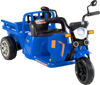 Blue 12V kids motorcycle with three wheels, built-in trailer, and shovel for fun outdoor adventures.