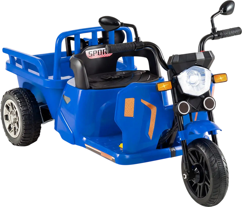 Blue 12V kids motorcycle with three wheels, built-in trailer, and shovel for fun outdoor adventures.