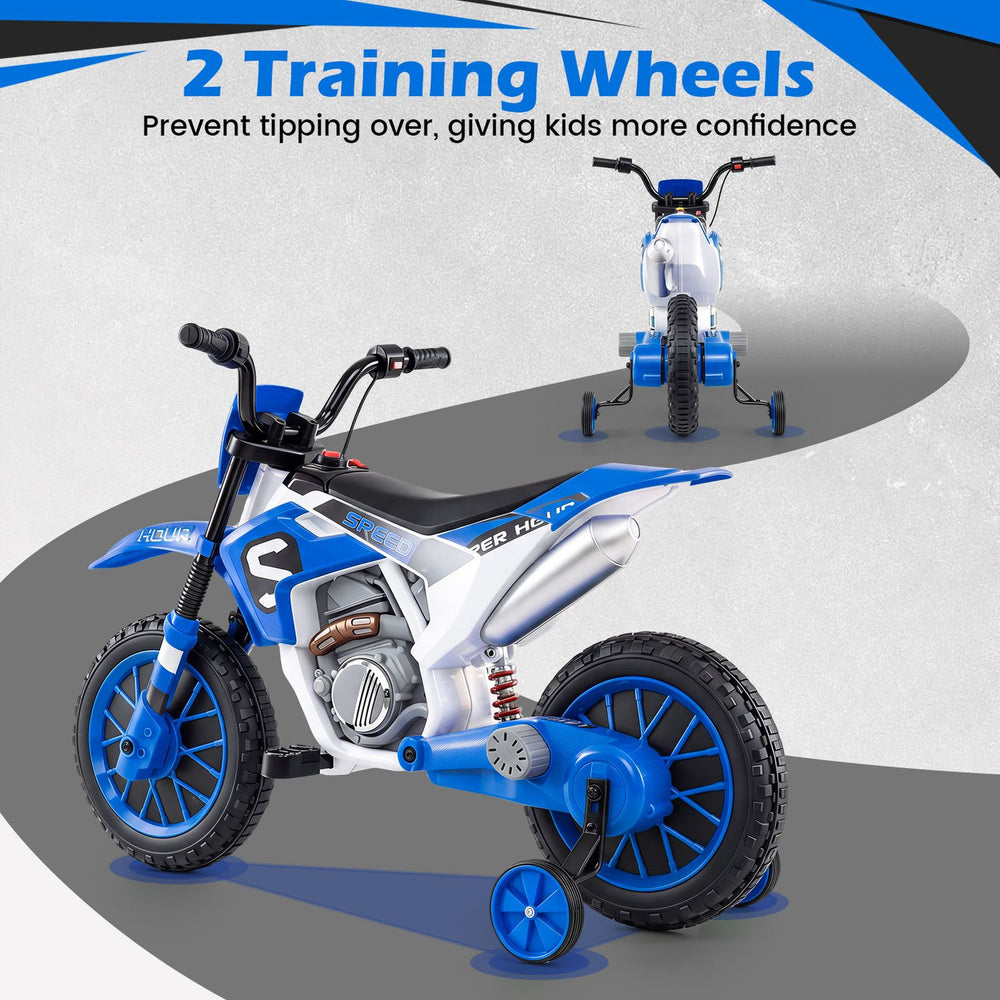 12V kids motorcycle in navy with training wheels and spring suspension for stable riding and enhanced confidence.