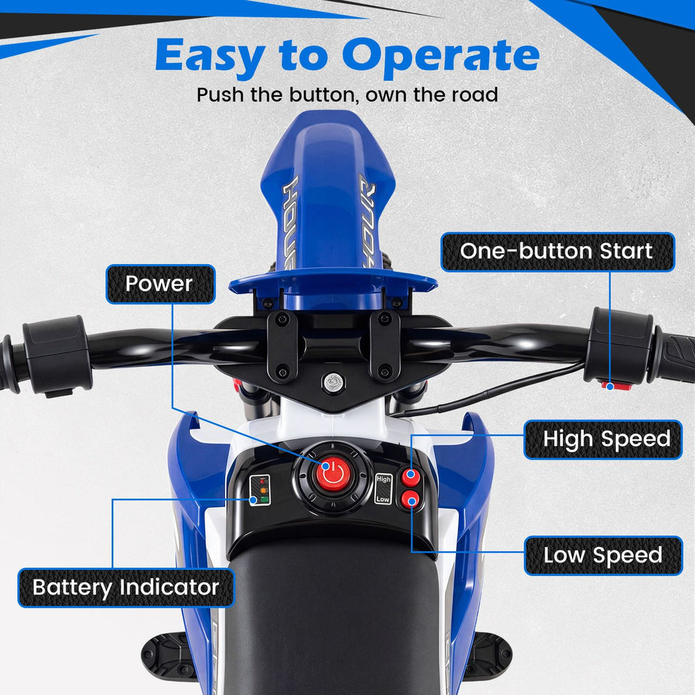 Close-up view of the 12V kids motorcycle controls, featuring a one-button start, battery indicator, and speed settings.