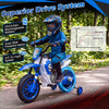 Navy 12V kids motorcycle features training wheels, spring suspension, and a rechargeable battery for safe, steady riding.