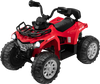 Red 12V kids ride-on ATV with oversized wheels, headlights, and MP3 interface for fun outdoor adventures.