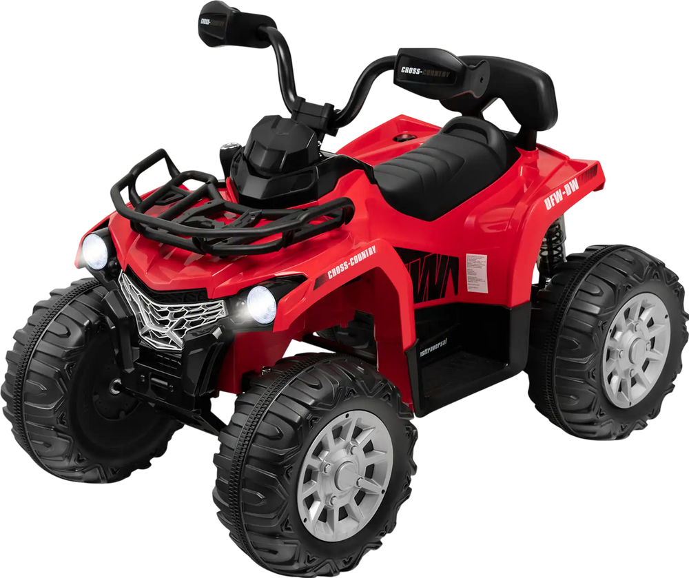 Red 12V kids ride-on ATV with oversized wheels, headlights, and MP3 interface for fun outdoor adventures.