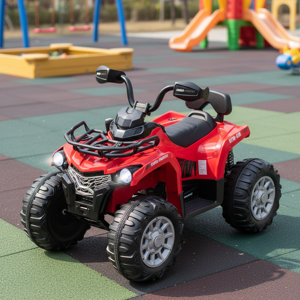Red 12V kids ride-on ATV highlighting its realistic design, perfect for imaginative outdoor adventures and fun driving.
