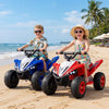 Kids riding the red and blue 12V ATV 4-wheelers on the beach, featuring LED lights and a speed of 3-7 mph.