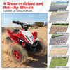 Red 12V Kids Ride On ATV with LED lights, featuring wear-resistant wheels for various terrains like grass and asphalt.