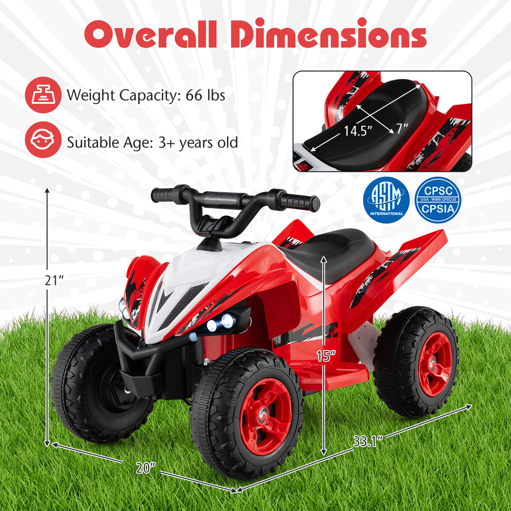 Red 12V Kids Ride On ATV with LED lights, dimensions 38.1" x 20" x 21", suitable for ages 3+, perfect for outdoor fun.