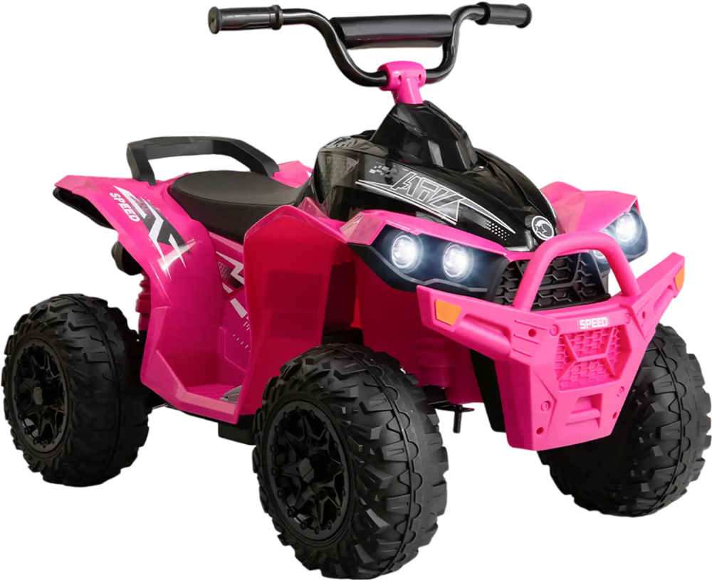 Pink 12V kids ride-on ATV with high/low speed, comfortable seat, and bright headlights for fun indoor or outdoor play.