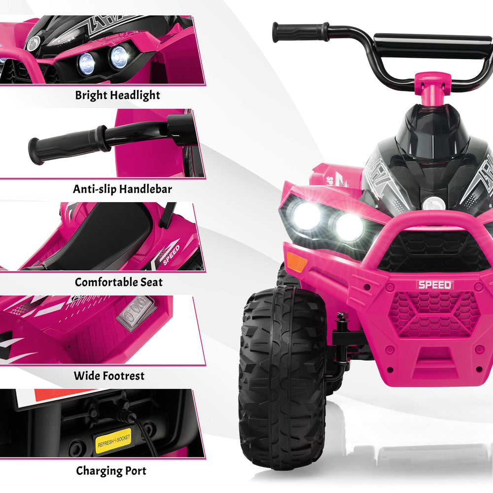 Kids ride-on ATV in pink with anti-slip handlebars, bright headlights, and comfortable seat for fun outdoor adventures.