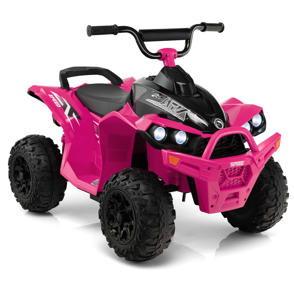 12V pink kids ride-on ATV with high/low speed, anti-slip wheels, and comfortable seat for fun outdoor adventures.