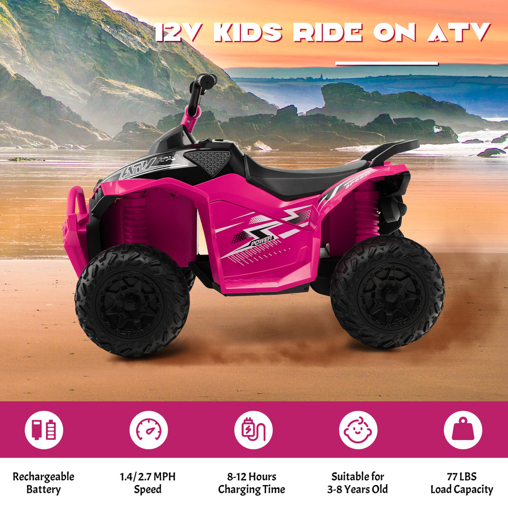 Pink 12V kids ride-on ATV with anti-slip wheels, comfortable seat, and high/low speed settings for fun outdoor.