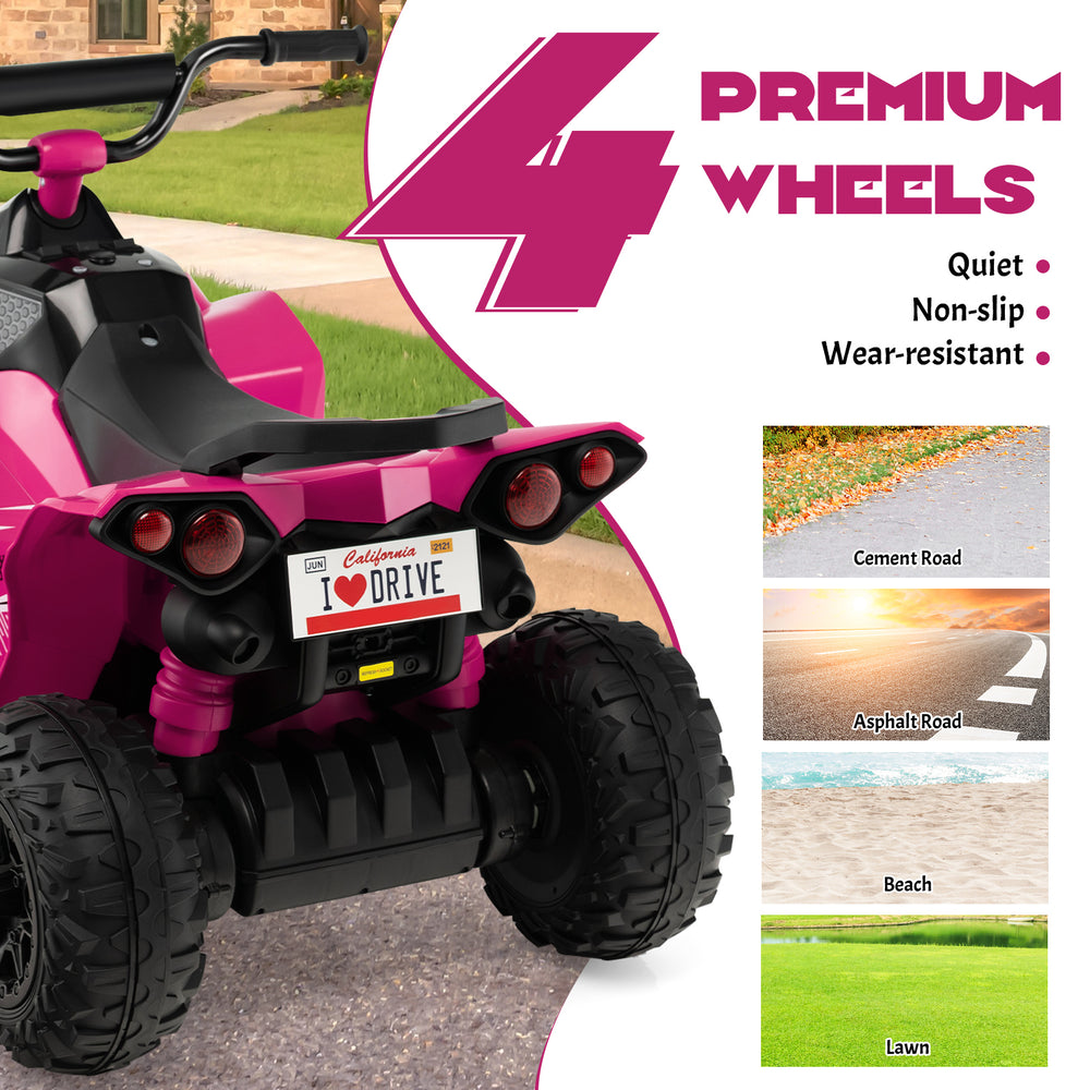 Pink 12V Kids Ride On ATV with 4 anti-slip wheels, comfortable seat, and high/low speed for safe outdoor fun.