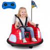 Red 12V kids ride-on bumper car with remote control, flashing lights, and dual joysticks for indoor and outdoor fun.