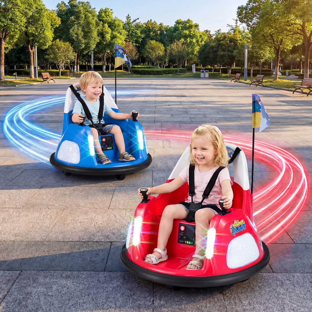 Kids ride-on bumper cars in red and blue with flashing lights, remote control, and dual joystick for 360° spinning fun.