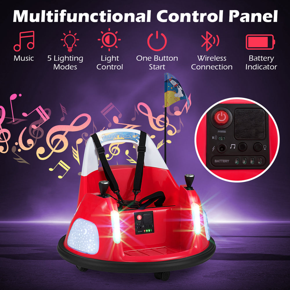 Multifunctional control panel of the 12V kids ride-on bumper car in red, featuring music, lights, and remote control.