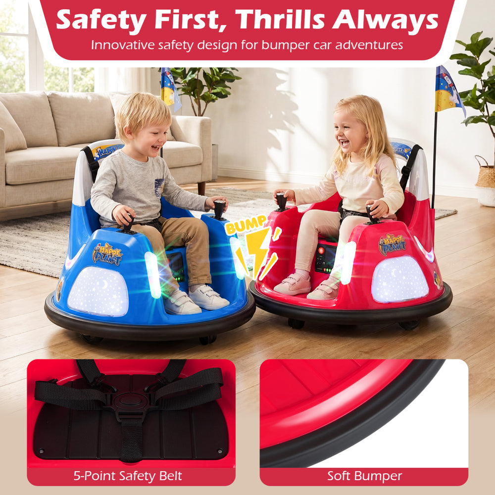 Red 12V kids ride-on bumper car featuring dual joysticks, 5-point safety belt, and flashing lights for fun.