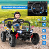 Kids ride-on UTV electric vehicle in black with realistic dashboard, LED lights, music button, and safety features.