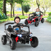 Two kids driving 12V electric UTVs with LED lights, featuring safety belts and remote control for added fun.
