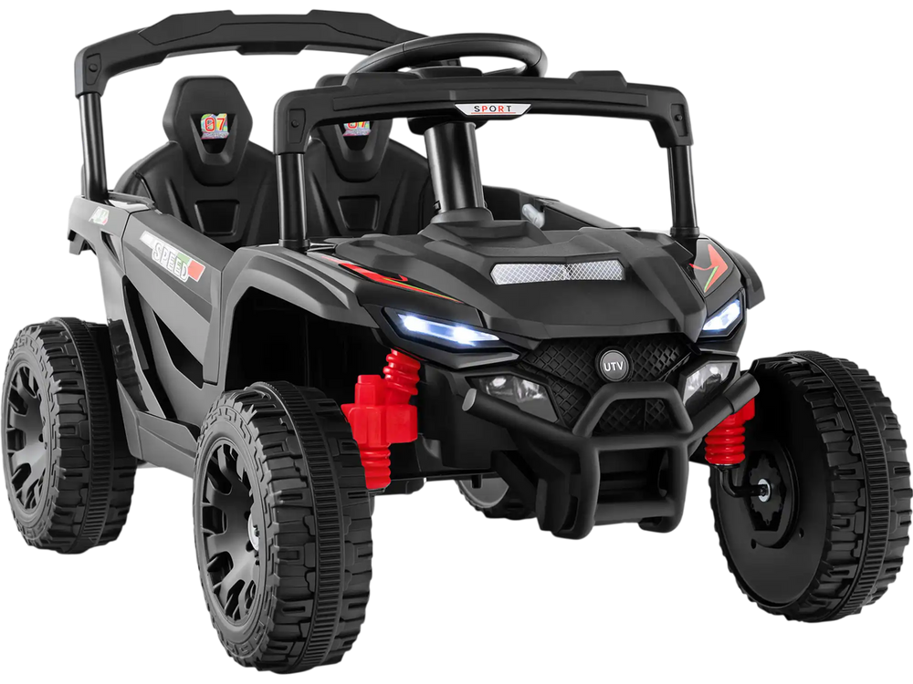 12V kids ride-on UTV electric vehicle in black with LED lights, music, remote control, and safety features for outdoor.