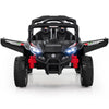 Front view of the black 12V kids ride-on UTV featuring LED headlights, remote control, and a realistic design for.