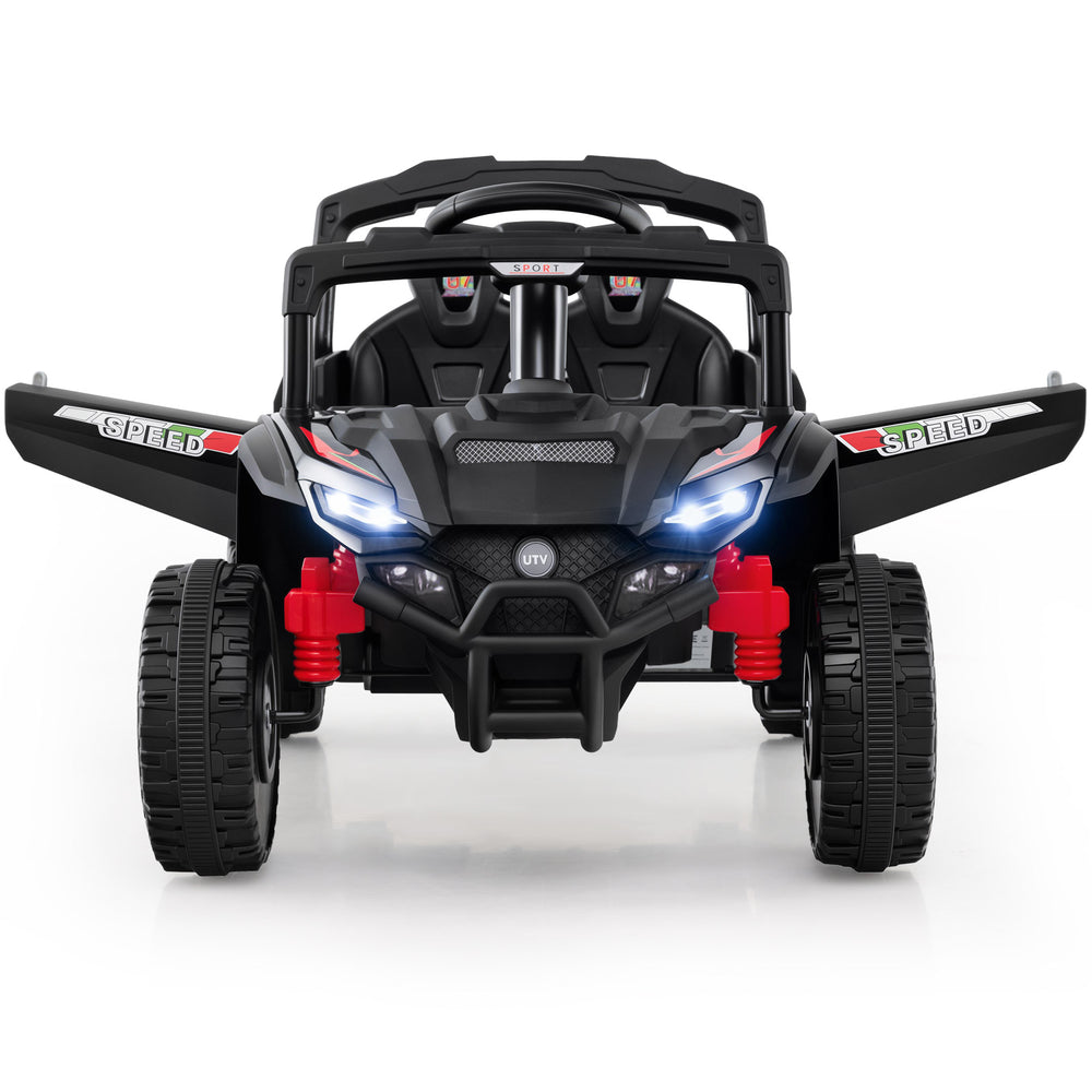 Front view of the black 12V kids ride-on UTV featuring LED headlights, remote control, and a realistic design for.
