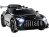 Mercedes-AMG GT3 kids ride-on car in black with LED lights, parent remote, and adjustable speed for safe driving fun.