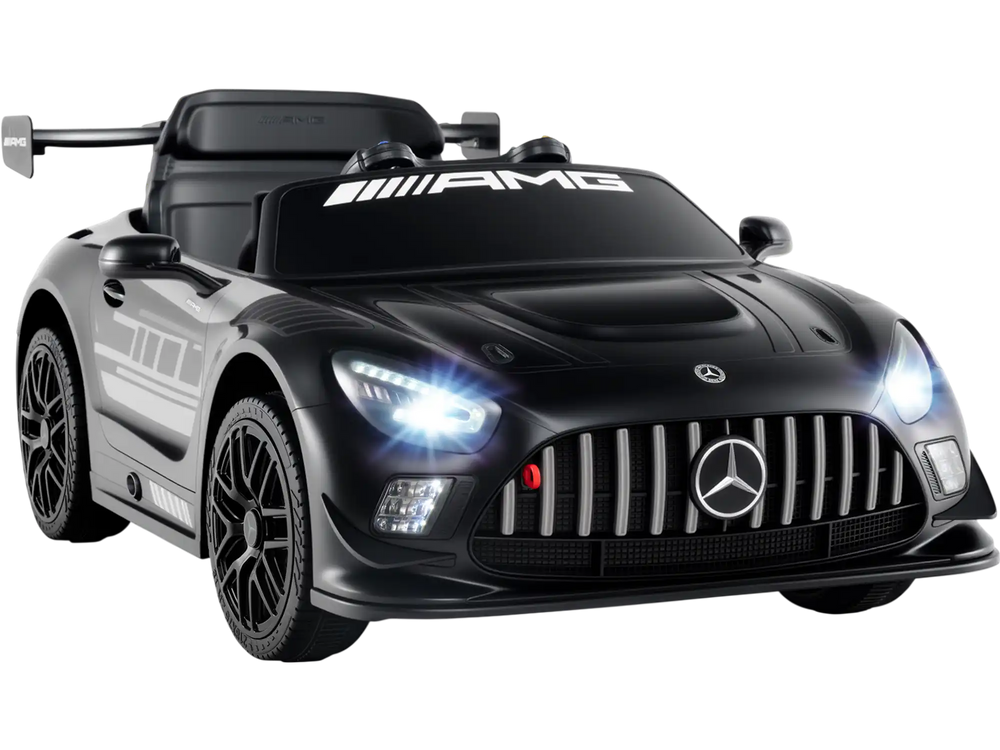 Mercedes-AMG GT3 kids ride-on car in black with LED lights, parent remote, and adjustable speed for safe driving fun.