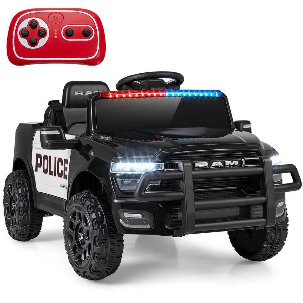 Black 12V kids ride-on car with police lights, remote control, and safety features for fun outdoor play.