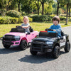 Two kids driving licensed RAM 3500 electric vehicles in black and pink, featuring police lights and remote control.
