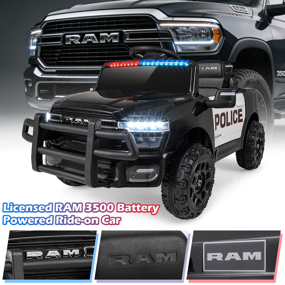 Licensed RAM 3500 kids ride-on car in black with police lights, remote control, and safety features for secure driving.