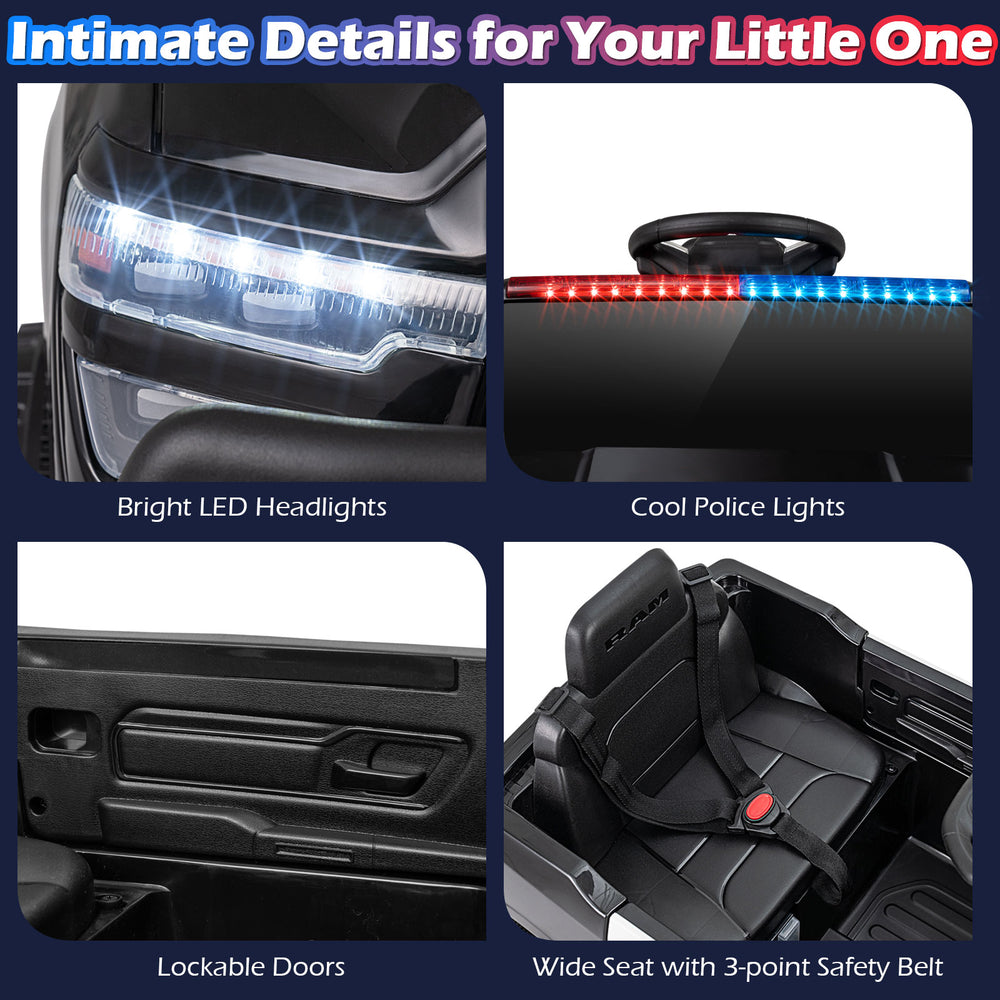 Close-up of the RAM 3500 ride-on car's bright LED headlights and cool police lights for enhanced playtime fun.