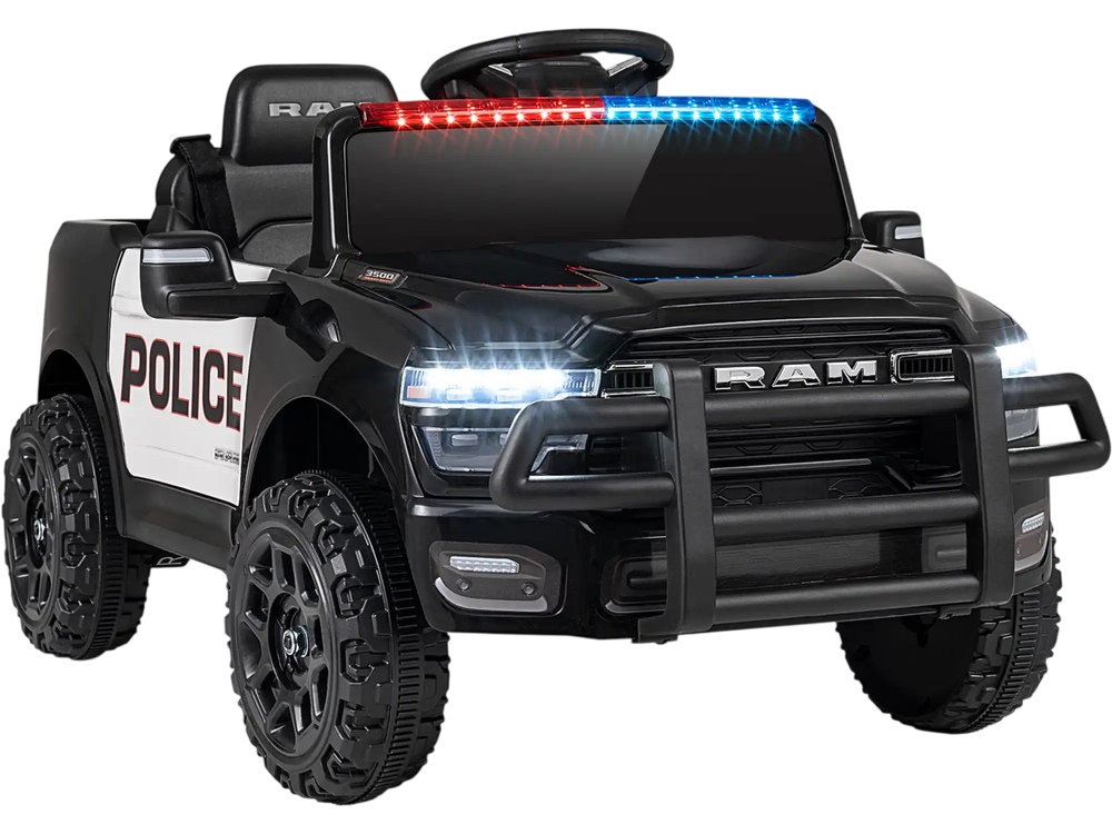 Black 12V RAM 3500 kids ride-on car with police lights, remote control, and safety features for fun outdoor play.