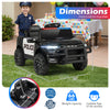 Black 12V kids ride-on car with police lights, remote control, and safety features for ages 37-96 months.