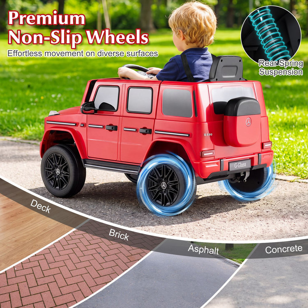 Red 12V kids ride-on car styled as a licensed Mercedes Benz EQG 580, featuring non-slip wheels for various surfaces.