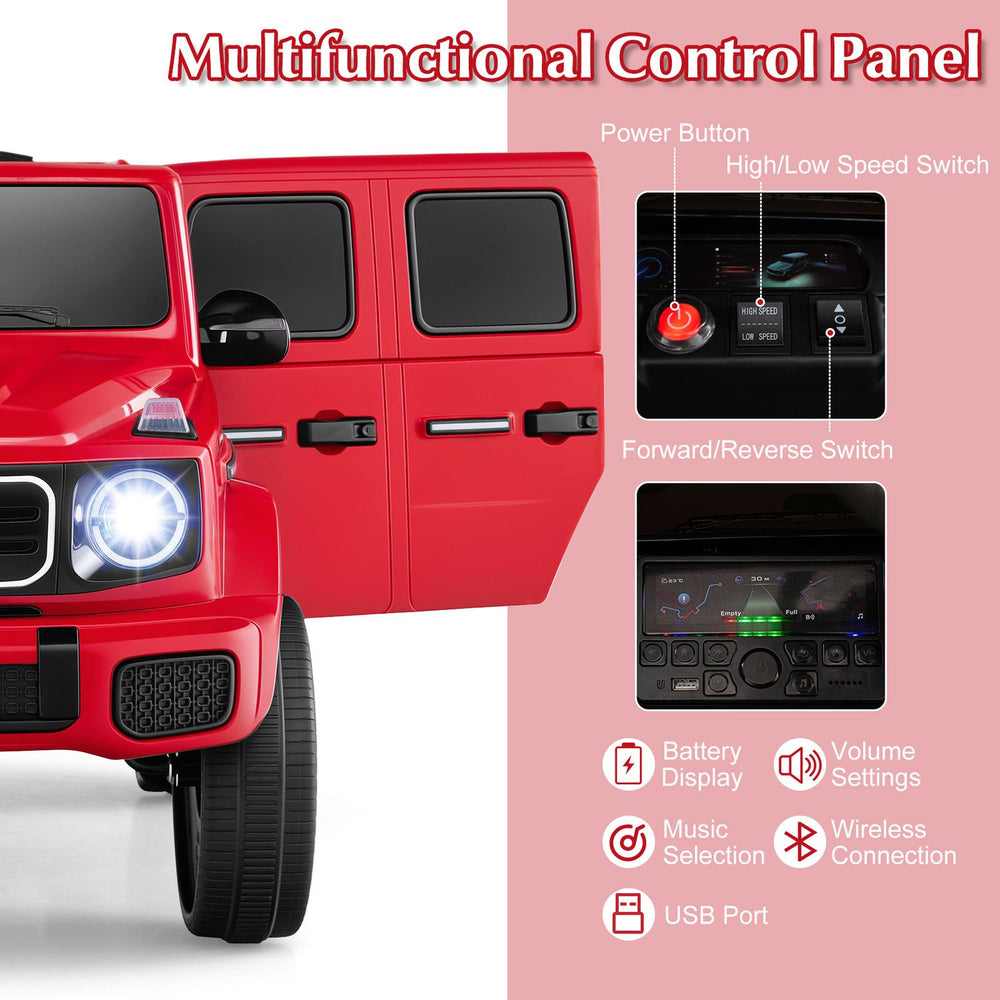 Multifunctional control panel of the red 12V Kids Ride On Car features battery display, volume settings, and USB port.