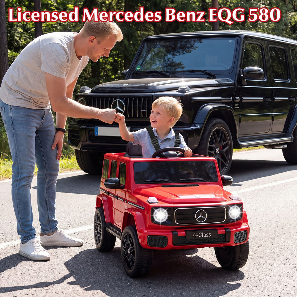 Red licensed Mercedes Benz EQG 580 kids ride-on car with remote control, designed for children aged 3-8 years.