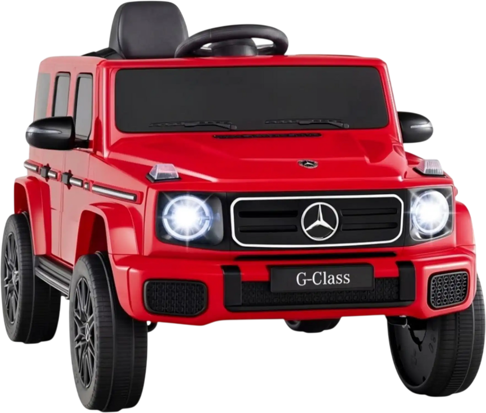 Licensed Mercedes Benz EQG 580 kids ride-on car in red with dual motors, remote control, and safety features for ages 3-8.