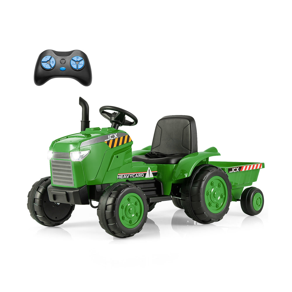 Green 12V kids ride-on tractor with detachable trailer and remote control, designed for safe outdoor play and fun.