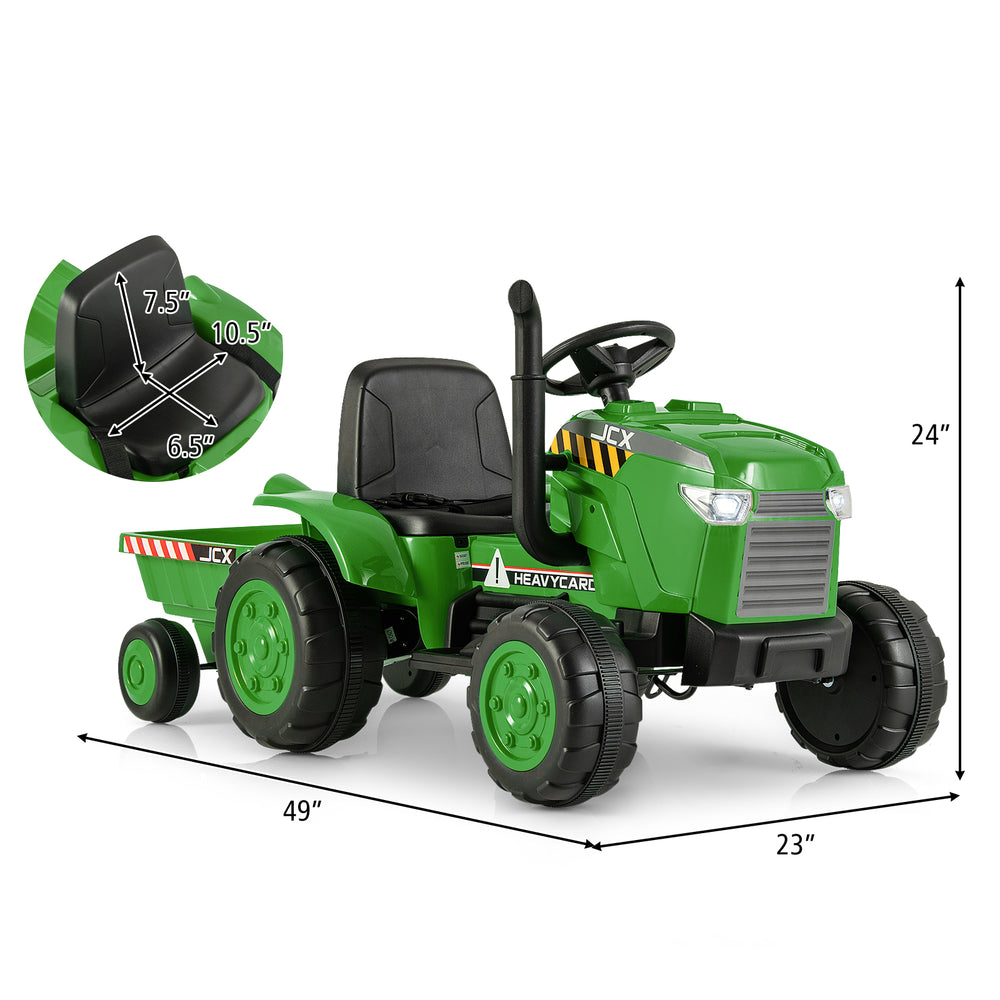 Green 12V kids ride-on tractor with detachable trailer, remote control, and premium wheels for safe outdoor fun.