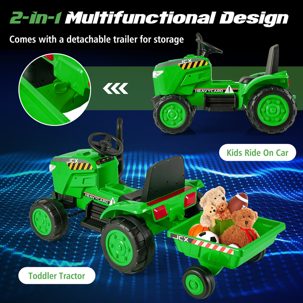 Kids ride-on tractor in green with detachable trailer, featuring remote control and multifunctional design for outdoor.