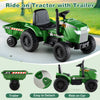 Kids ride-on tractor in grayish green with detachable trailer, powered by rechargeable battery for ages 3-8.